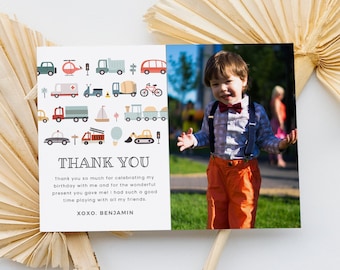 Editable Transportation Birthday Thank You Card with Photo, Thank You Note, Boy Birthday, Instant Download, Printable Template, #H025
