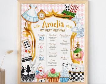Bewerkbare Alice in Wonderland mijlpaal teken, ONEderland partij mijlpaal poster, meisje 1e verjaardag, Instant Download, afdrukbaar teken, #H029