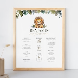 Signo editable del hito del cumpleaños del león, cartel del primer año del león, cumpleaños salvaje, decoración de la fiesta, descarga instantánea, signo imprimible, #H026