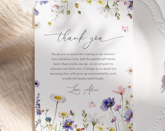 Tarjeta de agradecimiento para baby shower "Baby in Bloom": Fiesta floral en el jardín (plantilla editable/imprimible, descarga instantánea) #S074