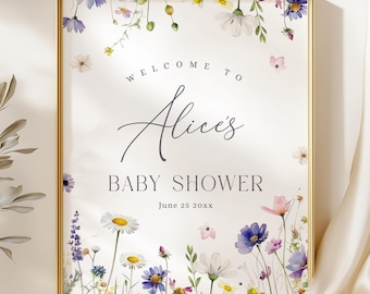 Letrero de bienvenida para baby shower "Baby in Bloom": flores silvestres (descarga instantánea, plantilla editable/imprimible) #S074