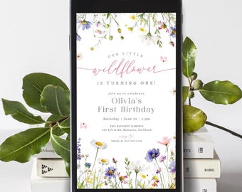 Invitación de cumpleaños con flores silvestres para móvil: Fiesta en el jardín (plantilla editable, descarga instantánea) #H074