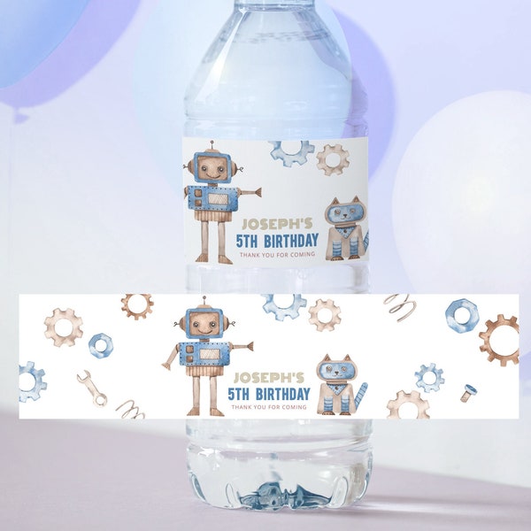 Bewerkbare robot waterfleslabels, robotfeestdranklabels, verjaardagsdecoratie voor kinderen, instant download, afdrukbare sjabloon, #H010