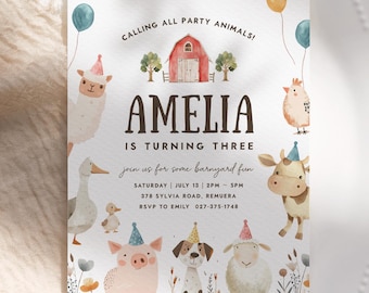 Editable Farm Birthday Invitation, Cute Farm Animals Party Invite, Barnyard Party Invite, Instant Download, Printable template, #H053