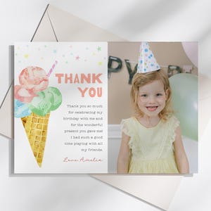 Editable Ice Cream Birthday Photo Thank You Card, Summer Party Thank You Note, Girl Birthday, Printable Template, Instant Download, #H055