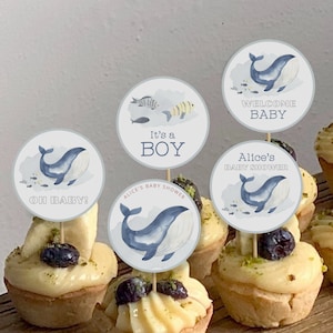 Editable Whale Baby Shower Cupcake Toppers, Ocean Party Stickers, Minimalist Cupcake Topper, Instant Download, Printable template, #H005