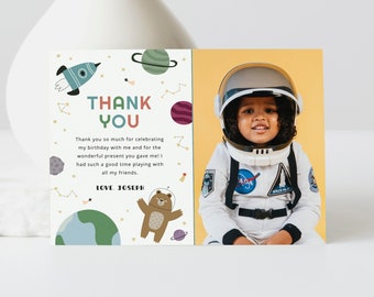 Outer Space Birthday Photo Thank You Card, Bear Astronaut Thank You Note, Space Themed Birthday, Printable Template, Instant Download, #H023