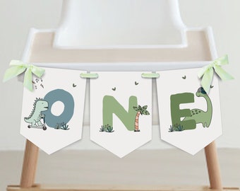 Editable Dinosaur ONE High Chair Banner, Dinosaur Bunting Banner, Dinosaur Birthday, First Year, Instant Download, Printable template, #H024