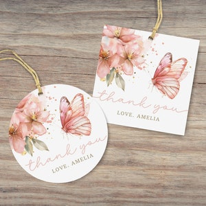 Schmetterling Geburtstagsgeschenkanhänger, Rosa Schmetterling Party Geschenkanhänger, Mädchen Geburtstag, 2x2, Sofort Download, bearbeitbare / druckbare Vorlage, #H040