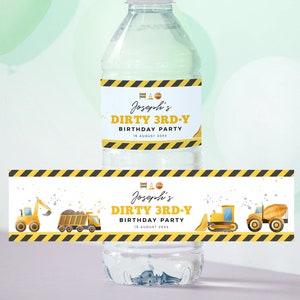Editable Dirty 3rdy Birthday Water Bottle Label, Construction Party Bottle label, Birthday Boy, Instant Download, Printable Label, #H018