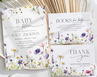 Conjunto de invitaciones para baby shower "Baby in Bloom": Tarjeta con diseño de libros para bebé, tarjeta de agradecimiento (descarga instantánea, plantilla editable/imprimible) #S074