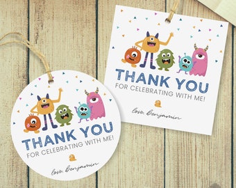 Editable Monster Birthday Favor Tags, Monster Party Thank You Notes, Monster Gift Tags, 2x2, Instant Download, Printable template, #H017