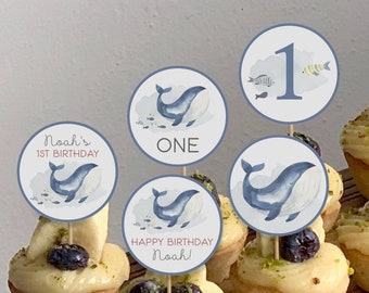 Editable Whale Birthday Cupcake Toppers, Under the Sea, Birthday Stickers, Birthday Favor Tags, Instant Download, Printable template, #H005