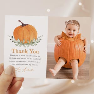 Editable Pumpkin Birthday Photo Thank You Card, Minimalist Fall Party Thank You Note, Our Little Pumpkin Birthday, Instant Download, #H007