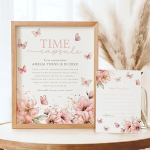 Signe capsule temporelle papillon, carte à message floral rose, décoration pour 1er anniversaire de fille, téléchargement immédiat, modèle modifiable/imprimable, #H040