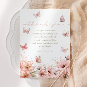 Bearbeitbare Schmetterling Geburtstag Dankeskarte, Blumen Gartenparty Dankeschön Hinweis, Mädchen Geburtstag, druckbare Vorlage, Sofort Download, #H040