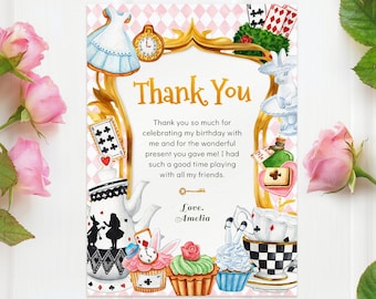 Editable Alice in Wonderland Birthday Thank You Card, Tea Party Thank You Note, Girl Birthday, Printable Template, Instant Download, #H029