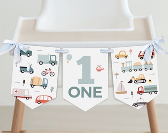 Editable Transportation ONE High Chair Banner, Transportation Bunting Banner, Boy 1st Birthday, Instant Download, Printable template, #H025