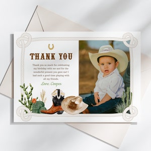 Bearbeitbare Cowboy-Geburtstagsfoto-Dankeskarte, moderne Wilder Westen-Dankeschön-Notiz, Jungen-Geburtstagskarte, druckbare Vorlage, Sofort-Download, #H032