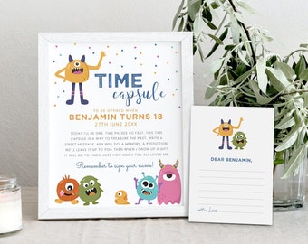 Editable Monster First Birthday Time Capsule Sign, Monster Message Cards, Birthday Boy, Instant Download, Printable Template, #H017