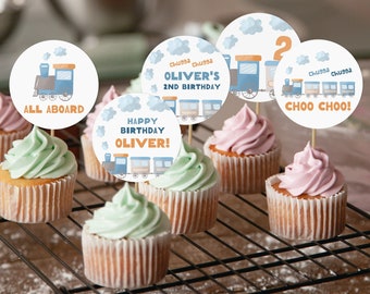 Editable Train Birthday Cupcake Toppers, Choo Choo Train Stickers, Boy Birthday Decorations, Instant Download, Printable template, #H028