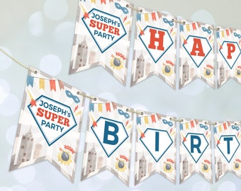 Banner editable de cumpleaños feliz de superhéroe, banner de fiesta de superhéroes, bandera de superhéroe, descarga instantánea, plantilla imprimible, #H012
