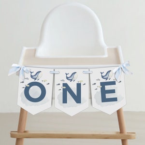 Banner de silla alta de ballena ONE editable, Banner de banderines de cumpleaños del océano, bajo el mar, cumpleañero, descarga instantánea, plantilla imprimible, #H005