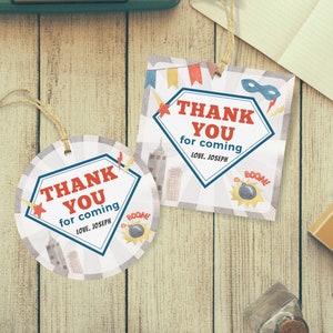 Bearbeitbare Superhelden Geburtstagsgeschenke, Superheld Party Danke Notizen, Geschenkanhänger, 2x2, Instant Download, druckbare Vorlage, #H012