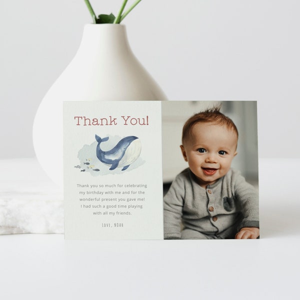 Editable Whale Birthday Thank You Card, Ocean Thank You Note, Under the Sea, Printable Thank You Card with Photo, Instant Download, #H005