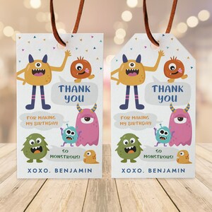 Monster Birthday Favor Tags, Monster Party Thank You Notes, Monster Gift Tags, 2x3.5, Instant Download, Editable/Printable template, #H017
