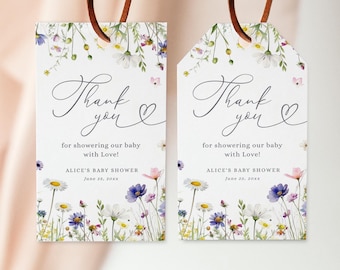 Etiquetas para recuerdos de baby shower "Baby in Bloom": Flores silvestres, 2x3.5 (Descarga instantánea, plantilla editable/imprimible) #S074