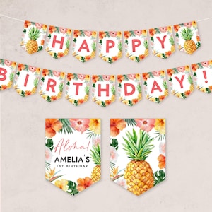Tropisches Geburtstagsbanner, Hawaiianische Partygirlande, Luau Geburtstagsdeko, sofortiger Download, bearbeitbare / druckbare Vorlage, #H058