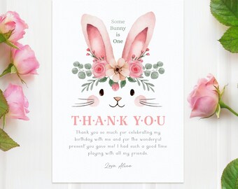 Editable Bunny Birthday Thank You Card, Some Bunny is One Party Thank You Note, Girl Birthday, Printable Template, Instant Download, #H030