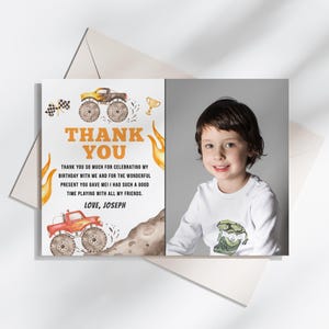 Carte de remerciement d'anniversaire Monster Truck modifiable, mot de remerciement pour la fête du camion, carte de remerciement imprimable avec photo, téléchargement immédiat, #H003
