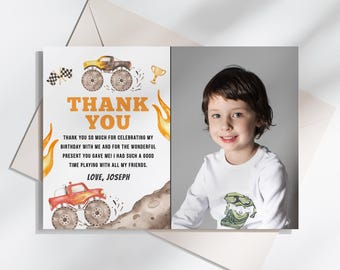 Editable Monster Truck Birthday Thank You Card, Truck Party Thank You Note, Printable Thank You Card with Photo, Instant Download, #H003