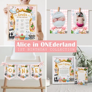 Pacote de aniversário editável de Alice no país das maravilhas, coleção de festa ONEderland, primeiro aniversário de menina, download instantâneo, modelo para impressão, #H029