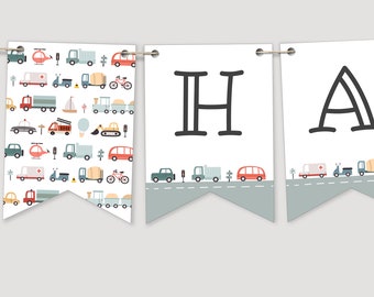 Editable Transportation Happy Birthday Banner, Transportation bunting banner, Boy Birthday, Instant Download, Printable template, #H025