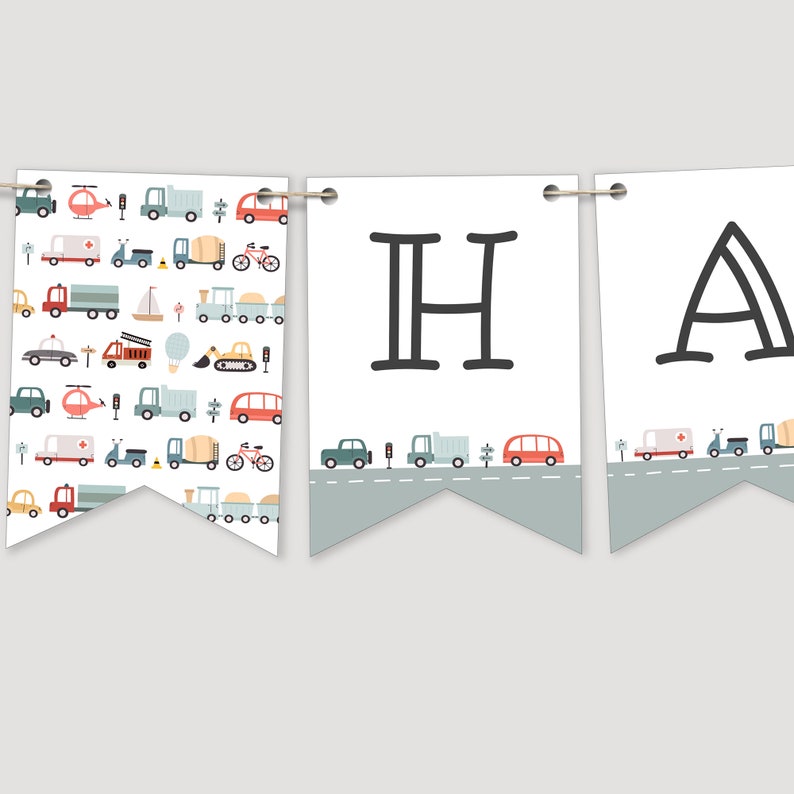 Editable Transportation Happy Birthday Banner, Transportation bunting banner, Boy Birthday, Instant Download, Printable template, H025 image 1