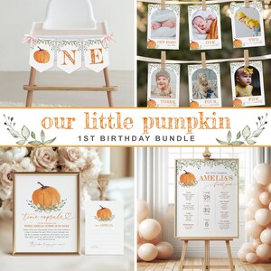 Editable Our Little Pumpkin Birthday Bundle, Minimalist Fall Party Collection, Baby 1st Birthday, Instant Download, Printable template, H007