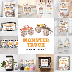 Pacchetto modificabile di compleanno Monster Truck, collezione di feste Monster Truck, decorazioni per il compleanno dei ragazzi, download immediato, modello stampabile, #H003