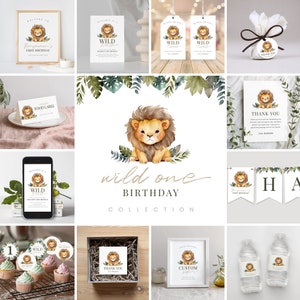 Pacote editável de aniversário de leão, coleção de festa de leão, selvagem, decorações de aniversário, download instantâneo, modelo para impressão, #H026