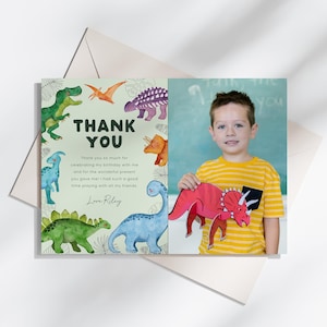 Dinosaurier-Geburtstags-Foto-Dankeschön-Karte, Dankeschön-Karte für die Dino-Mite-Party, Jungengeburtstag, bearbeitbare / druckbare Vorlage, Sofort-Download, #H038