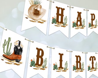 Editable Cowboy Happy Birthday Banner, Wild West Birthday bunting banner, Boy Birthday Decor, Instant Download, Printable template, #H032