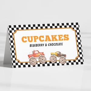 Editable Monster Truck Birthday Food Labels, Truck Party Folded Place Cards, Boy Birthday Decor, Instant Download, Printable template, #H003