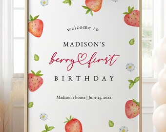 Strawberry Birthday Welcome Sign : Berry First, Editable/Printable template (Instant Download) #H073