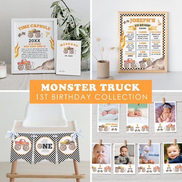 Bearbeitbare Monster Truck 1st Birthday Bundle, Monster Truck Party Collection, erstes Jahr, sofortiger Download, druckbare Vorlage, #H003