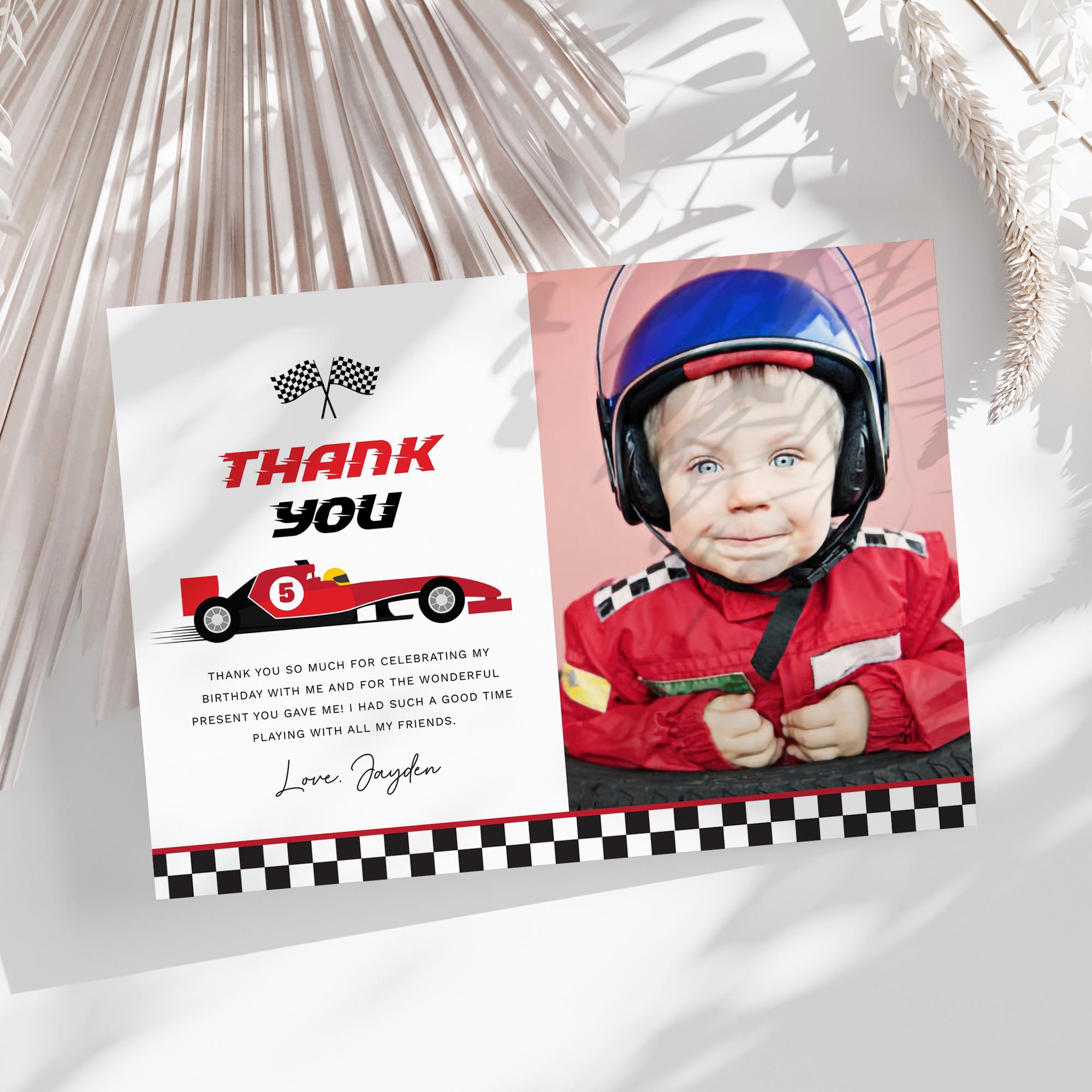 Race Car Birthday Thank You Card, Racing Car Party Photo Thank You Note ...