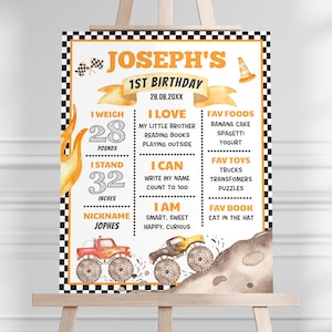 Bewerkbaar mijlpaalbord verjaardag monstertruck, mijlpaalposter vrachtwagenfeest, 1e verjaardag jongen, direct downloaden, afdrukbare sjabloon, #H003