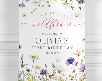 Letrero de bienvenida de cumpleaños con diseño de flores silvestres: Fiesta en el jardín (Descarga instantánea, plantilla editable/imprimible) H074