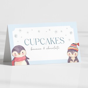 Etiqueta editable de comida de pingüino, tarjeta plegada de Navidad, tarjeta de lugar de fiesta de invierno, decoración navideña, descarga instantánea, plantilla imprimible, #H008